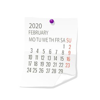 Vector calendar for February 2020 on white paper with holding pin over white background