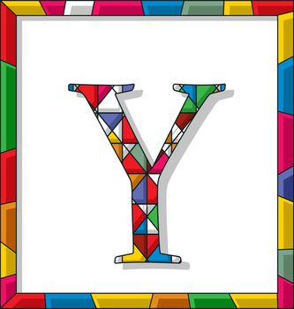 Stained glass letter Y over white background, framed vector