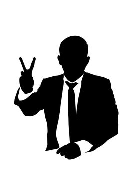 Business suit man showing a victory sign. Vector silhouette.
