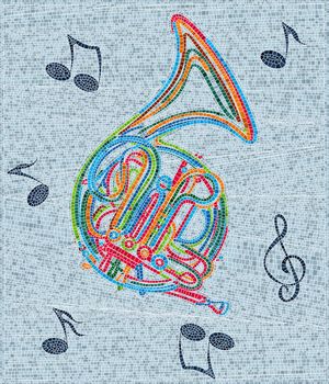 Mosaic tile french horn in colors, vector illustration