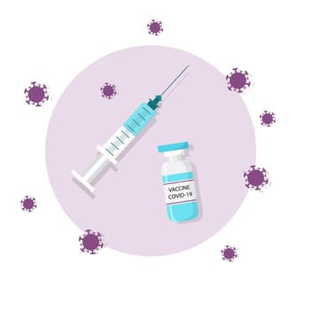 Covid-19 corona virus vaccination with one glass vaccine bottle and one syringe surrounded by viruses. Vaccination concept. Injection tool for covid19 immunisation treatment. Flat illustration.