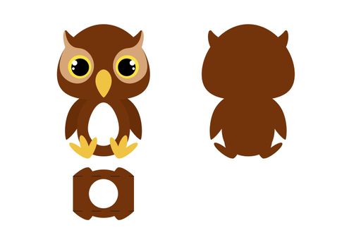DIY cute owl chocolate egg holder template. Retail paper box for the easter egg. Printable color scheme. Laser cutting vector template. Isolated packaging design illustration.