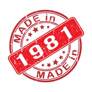 Imprint of a seal or stamp with the inscription MADE IN 1981. Label, sticker or trademark. Editable vector illustration. Flat style.