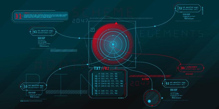 A poster made of HUD elements in the style of high tech and future technologies.