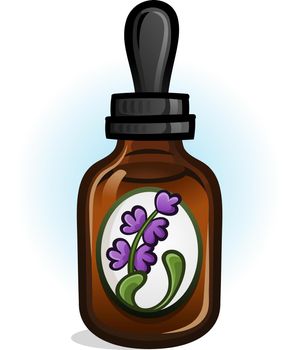 A small amber colored bottle of lavender scented essential oils with a sticker vector illustration