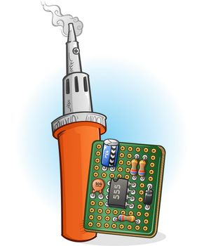 An orange soldering iron heated up with flux burning off the tip next a circuit board covered in soldered components