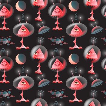 Fantastic set of mushrooms, moon, planets and aliens shuttle on dark night background. Vector seamless pattern.