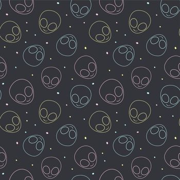 Pastel blue, pink, and yellow alien head outlines scattered on a dark gray background with stars. Seamless repeating vector illustration background.