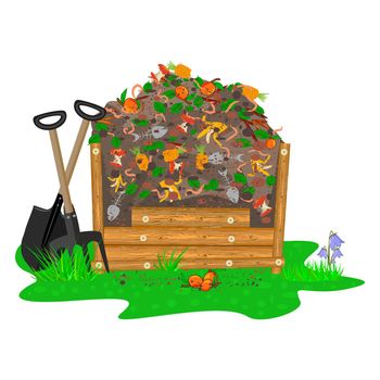Wooden bin with ground and food garbage. Organic fertilizer pile. Recycling, zero waste and composting concept. Stock vector illustration