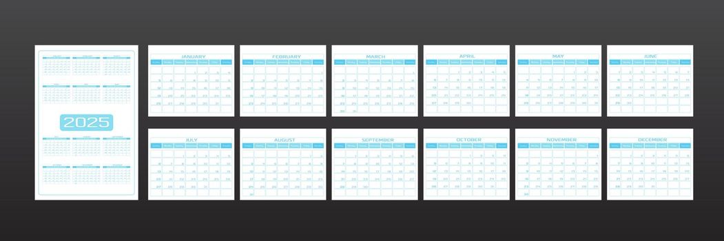 2025 calendar in minimalistic urban trendy style. set of 12 months template daily planner to-do list for every day. rounded streamlined shape, delicate light blue azure color. week starts on Sunday.