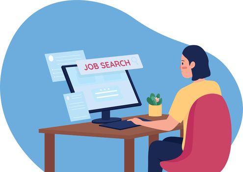 Online job hunting flat concept vector illustration. Searching for work on internet. Woman sitting at computer desk 2D cartoon character for web design. Unemployment problem creative idea