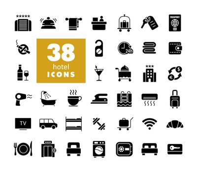 Hotel vector flat glyph icon set. Graph symbol for travel and tourism web site and apps design, logo, app, UI