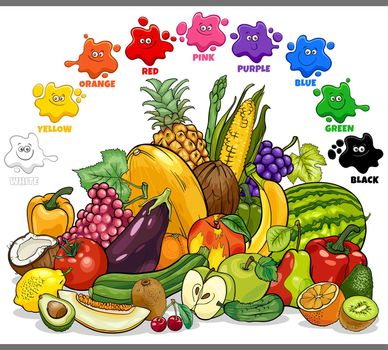 Educational cartoon illustration of basic colors for children with vegetables and fruits food objects group