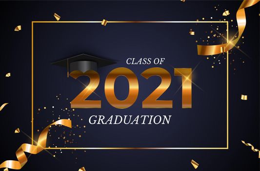 Graduation class of 2021 with graduation cap hat and confetti. Vector Illustration EPS10