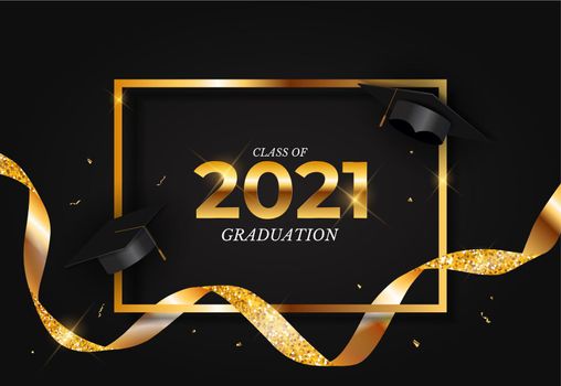 Graduation class of 2021 with graduation cap hat and confetti and golden ribbon. Vector Illustration EPS10.
