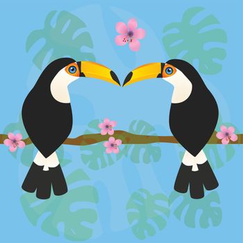 A cute couple of toco toucans sitting together on a branch. Their beaks touch. In the background are monstera leafs and pink blossom flowers. Tropical picture.