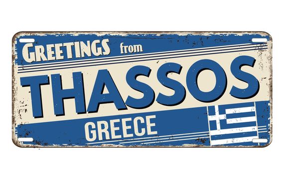 Greetings from Thassos vintage rusty metal plate on a white background, vector illustration