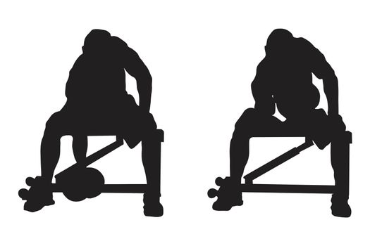 Silhouette depicting man doing seated Concentrated Bicep Curls on a bench isolated on a white background. EPS Vector
