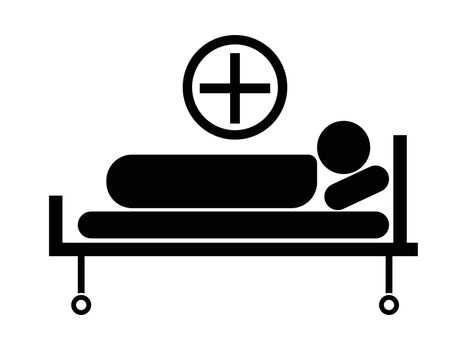 Hospital Bed with Patient. Black and White Icon Illustration Pictogram