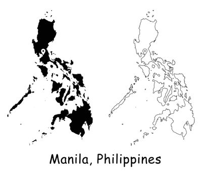Manila, Philippines. Detailed Country Map with Location Pin on Capital City. Black silhouette and outline maps isolated on white background. EPS Vector