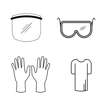 Personal Protective Equipment PPE Set. Various PPE for Covid-19. Face Shield eye goggles gloves gown. EPS vector icons 