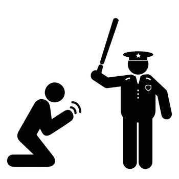 Police Brutality Man Begging Police with Baton. Illustration depicting man begging brutal police. Black Lives Matter BLM. Black and white EPS Vector