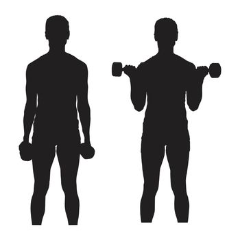 Black silhouette depicting standing bicep curls arm training exercise isolated on a white background. EPS Vector 