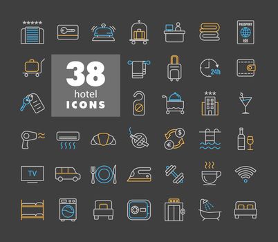 Hotel vector flat icon set on dark background. Graph symbol for travel and tourism web site and apps design, logo, app, UI