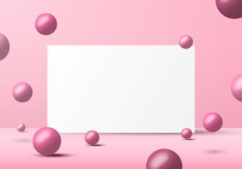 3D realistic pink balls spheres shapes with white backdrop background space for your text. You can use for banner web, poster, print ad, placard, etc. Vector illustration