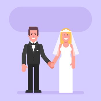 Bride and groom hold hands and smile. Flat people. Vector Illustration
