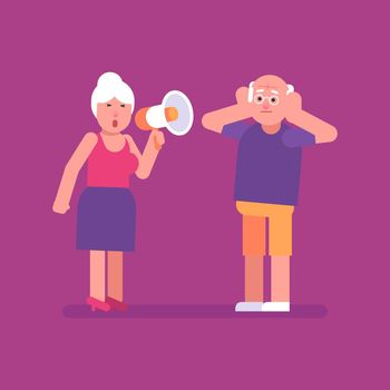 Old woman shouts through megaphone on old man. Flat people. Vector Illustration