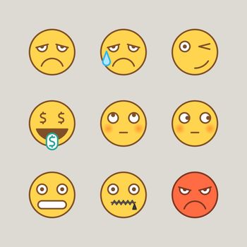 Emoticons sad crying winks cash angry shy mouth to lock. Funny stickers. Vector signs