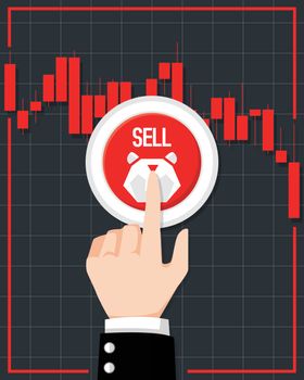 Bearish stock market vector. Fund, forex or commodity price charts. Design by financial chart elements and business man push sell button with bear symbol, droping investment trading. Down trend concept