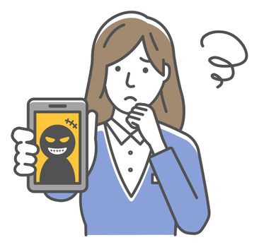 Vector illustration of businesswoman in trouble with smartphone fraud.