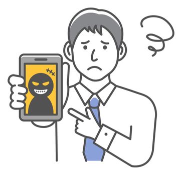 Vector illustration of businessman in trouble with smartphone fraud.