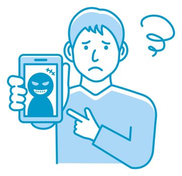 Vector illustration of a man in trouble with smartphone fraud.