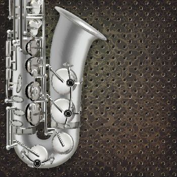abstract dark gray music background with silver saxophone