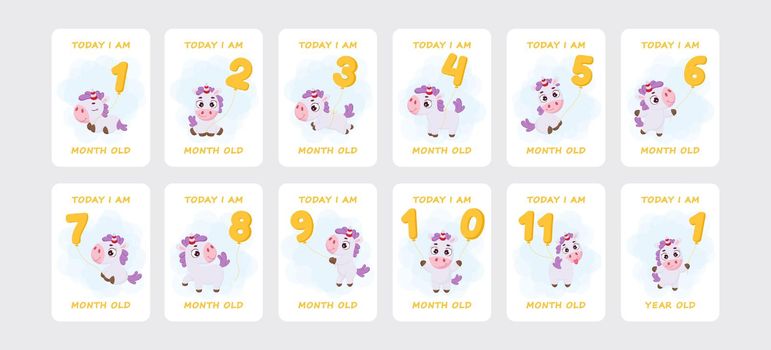 Baby milestone cards with cute magical unicorn flying on number balloons for newborn girl or boy. Baby month anniversary card. Nursery print capturing all special moments. Stock vector illustration