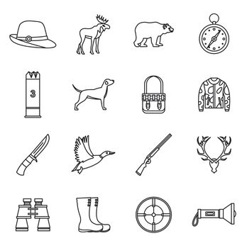 Hunting icons set in outline style. Hunters equipment set collection vector illustration