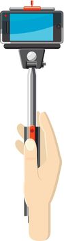 Hand holding selfie monopod stick icon in cartoon style on a white background