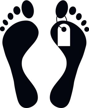 Human feet with toe tag icon in simple style on a white background