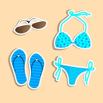 Sunglasses, swimwear, sandals. Vector illustration for a holiday.
