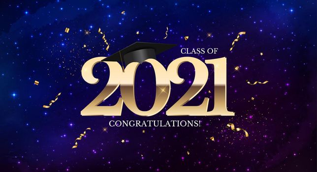 Graduation class of 2021 with graduation cap hat and confetti. Vector Illustration EPS10