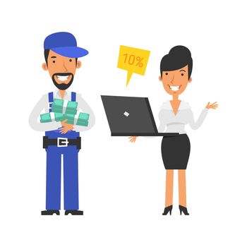 Repairman holding lot money and smiling. Business woman holding laptop and smiling. Vector characters. Vector Illustration