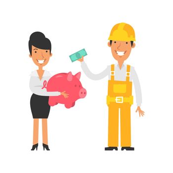 Business woman holding piggy bank and smiling. Builder holds banknote and smiles. Vector characters. Vector Illustration