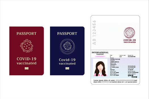 Passport for whom have covid-19 vaccine injection, coronavirus vaccinated passport for travelers or businessmans identifield themselves, vector illustration on white background.