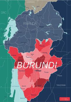 Burundi country detailed editable map with regions cities and towns, roads and railways, geographic sites. Vector EPS-10 file