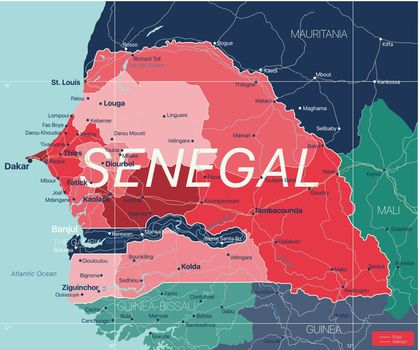 Senegal country detailed editable map with regions cities and towns, roads and railways, geographic sites. Vector EPS-10 file