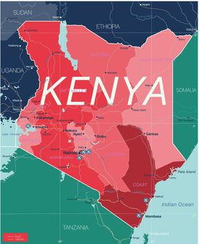 Kenya country detailed editable map with regions cities and towns, roads and railways, geographic sites. Vector EPS-10 file