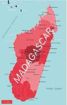 Madagascar country detailed editable map with regions cities and towns, roads and railways, geographic sites. Vector EPS-10 file